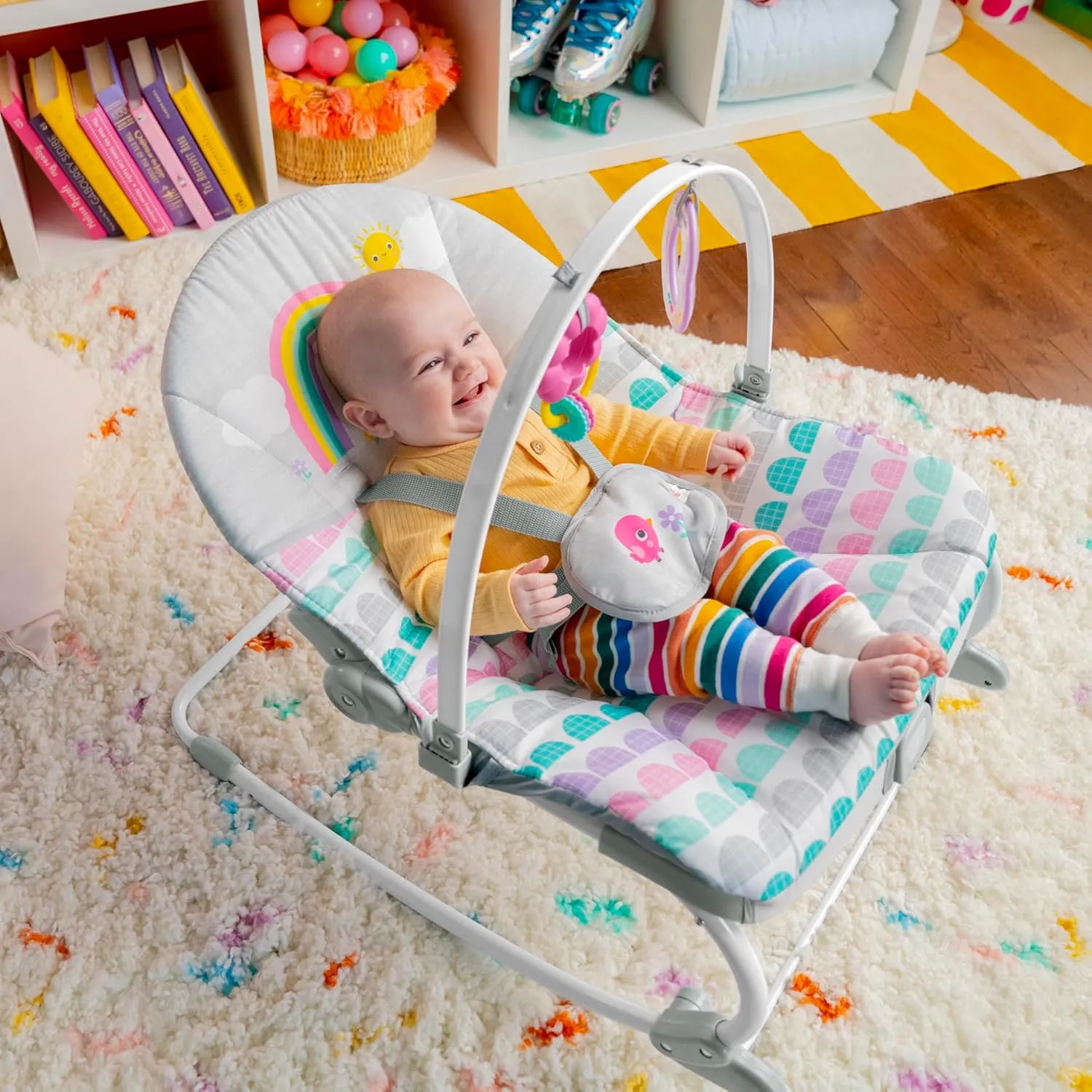 Bright Starts Rosy Rainbow Infant to Toddler Rocker with Vibrations, Baby Seat for Girl or Boy, Newborn  