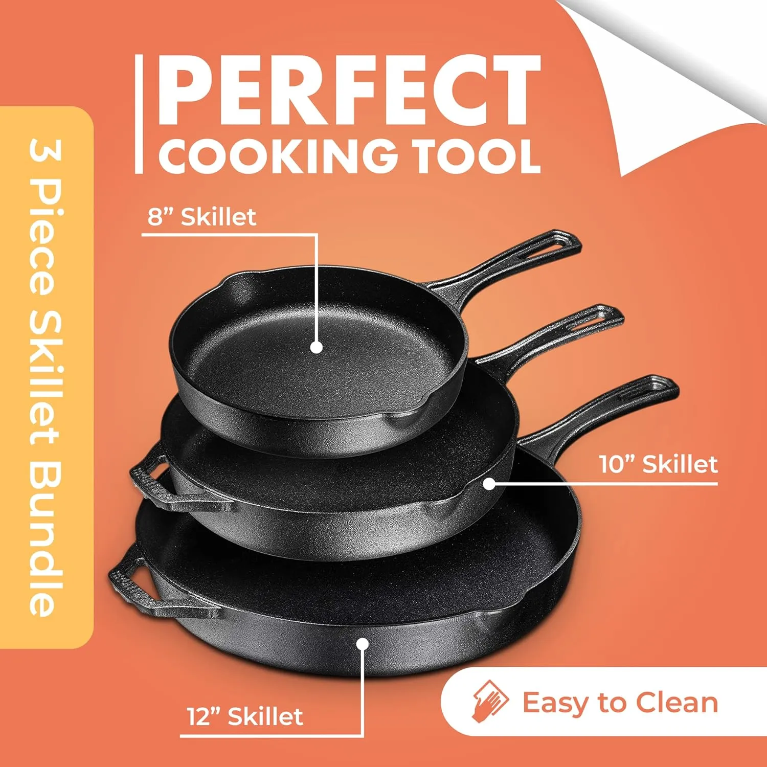 Bruntmor 8, 10 and 12 Inch Pre-Seasoned Frying Pan Set of 3, Oven Safe Skillet, Grill Pan Set, Nonstick Cookware with Side Drip Lips, Black
