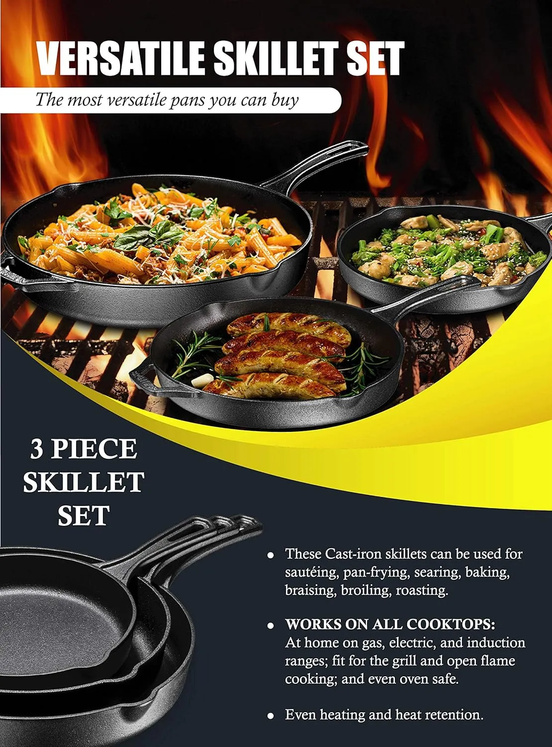 Bruntmor 8, 10 and 12 Inch Pre-Seasoned Frying Pan Set of 3, Oven Safe Skillet, Grill Pan Set, Nonstick Cookware with Side Drip Lips, Black
