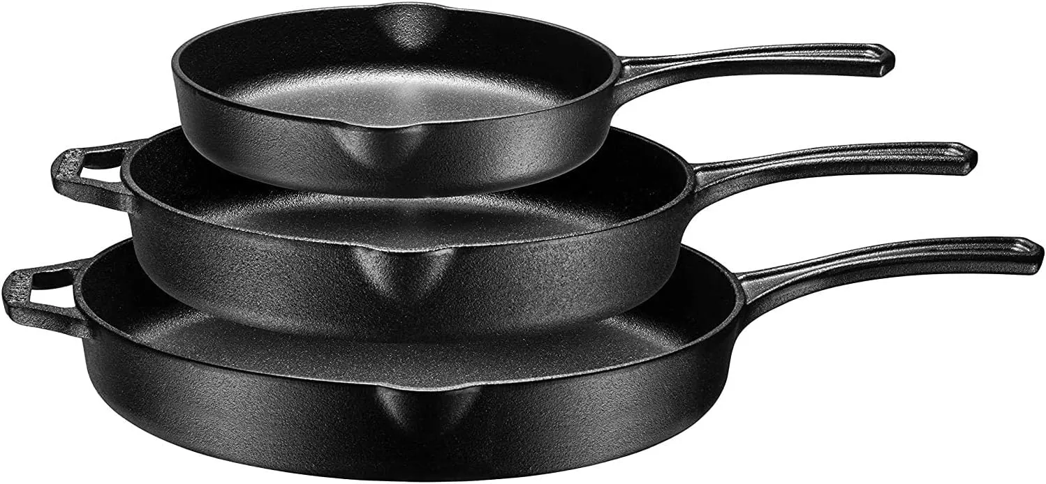 Bruntmor 8, 10 and 12 Inch Pre-Seasoned Frying Pan Set of 3, Oven Safe Skillet, Grill Pan Set, Nonstick Cookware with Side Drip Lips, Black