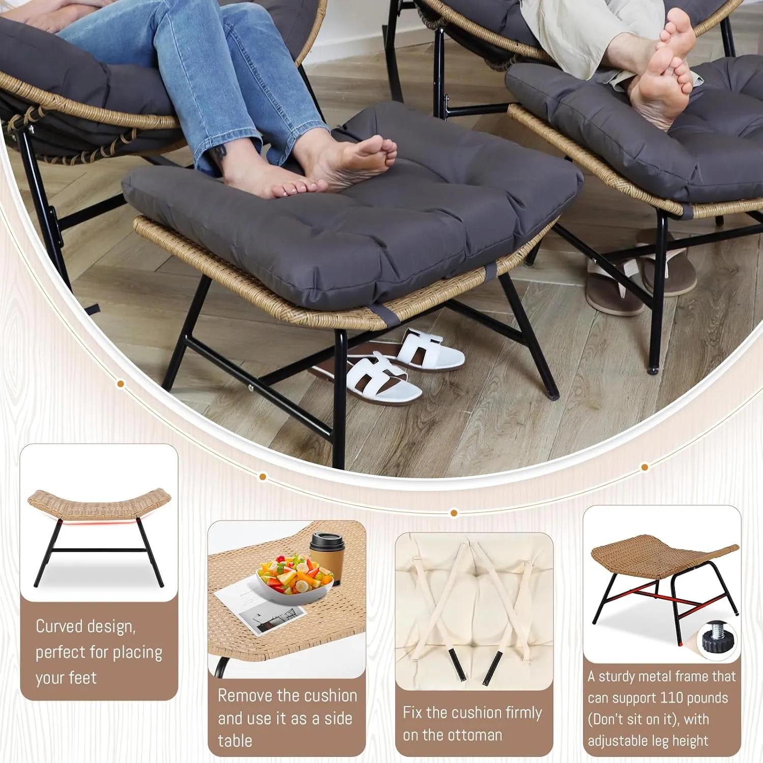 BULEXYARD Large Rocking Egg Chair 4 Pcs with Ottoman Indoor Outdoor 450lbs, Brown Wicker Royal Rocking Papasan Chair with Dark Grey Thick Cushion, Comfy Recliner Lounge Rocker for Balcony, Porch