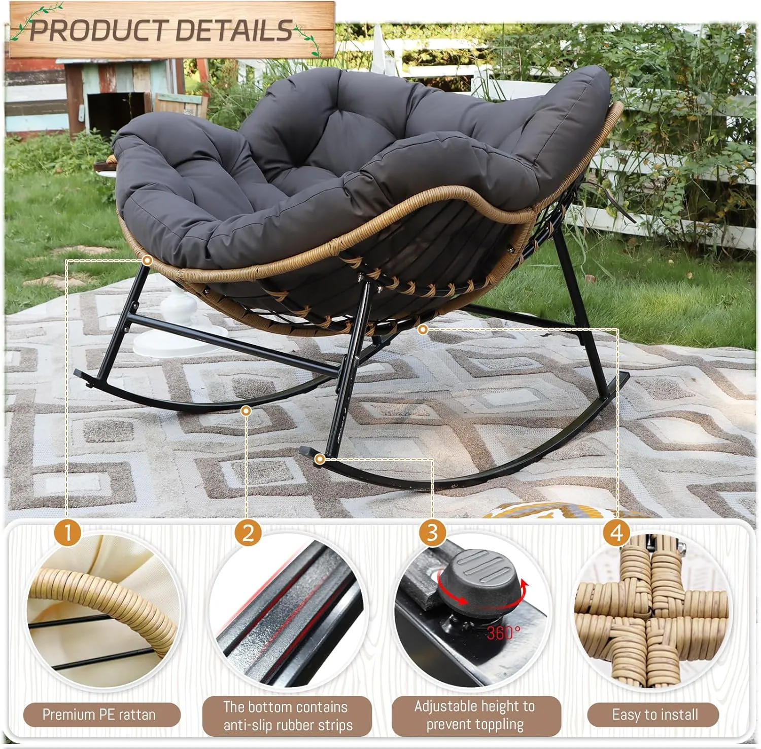 BULEXYARD Large Rocking Egg Chair 4 Pcs with Ottoman Indoor Outdoor 450lbs, Brown Wicker Royal Rocking Papasan Chair with Dark Grey Thick Cushion, Comfy Recliner Lounge Rocker for Balcony, Porch