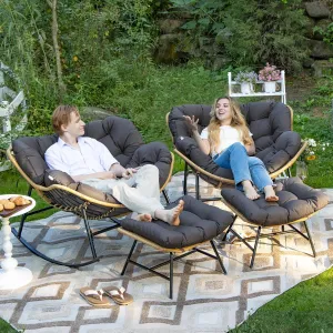 BULEXYARD Large Rocking Egg Chair 4 Pcs with Ottoman Indoor Outdoor 450lbs, Brown Wicker Royal Rocking Papasan Chair with Dark Grey Thick Cushion, Comfy Recliner Lounge Rocker for Balcony, Porch