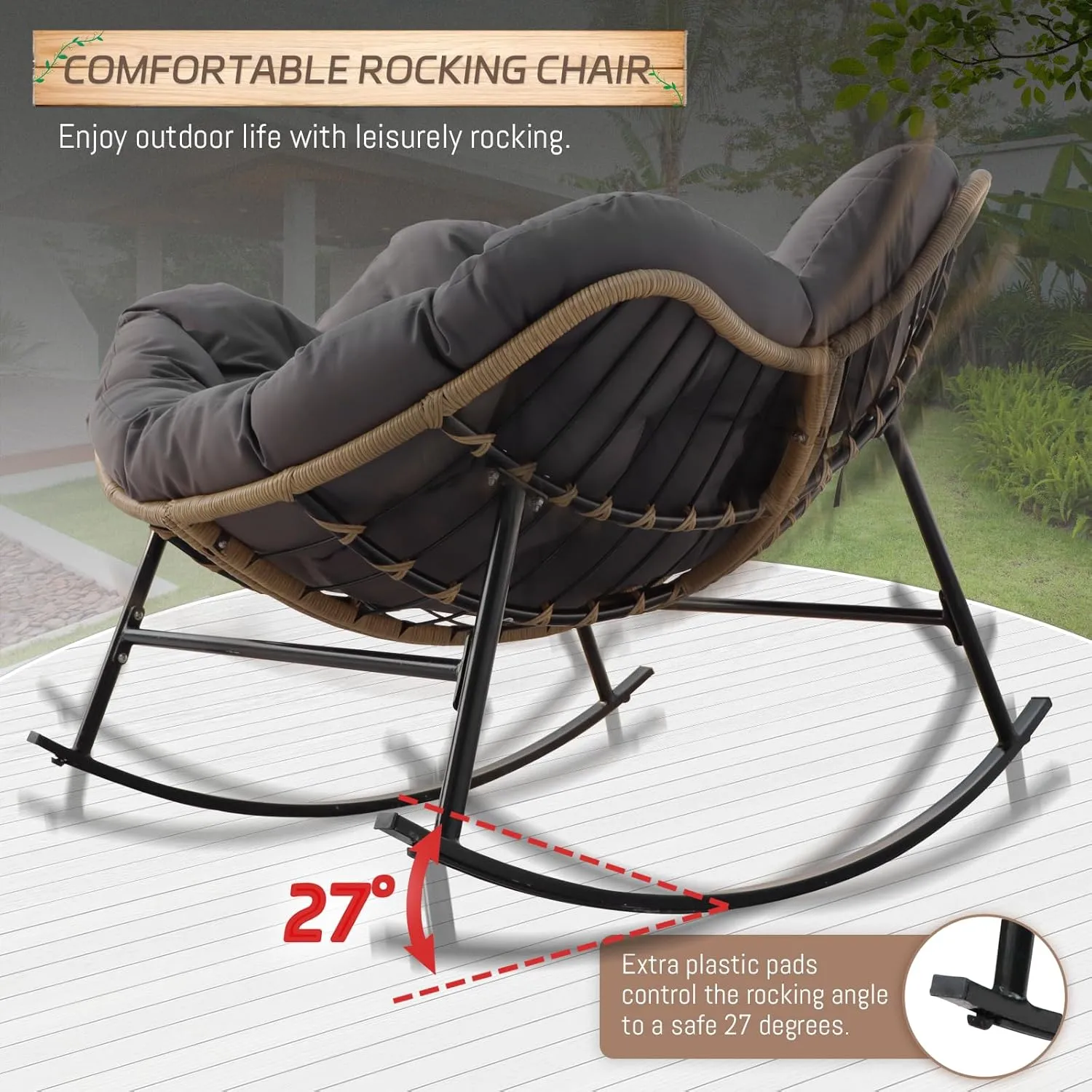 BULEXYARD Large Rocking Egg Chair 4 Pcs with Ottoman Indoor Outdoor 450lbs, Brown Wicker Royal Rocking Papasan Chair with Dark Grey Thick Cushion, Comfy Recliner Lounge Rocker for Balcony, Porch