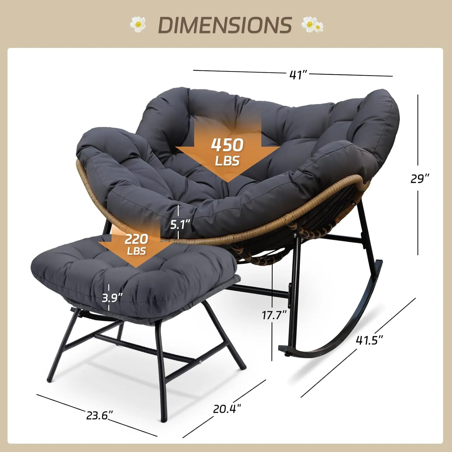 BULEXYARD Large Rocking Egg Chair 4 Pcs with Ottoman Indoor Outdoor 450lbs, Brown Wicker Royal Rocking Papasan Chair with Dark Grey Thick Cushion, Comfy Recliner Lounge Rocker for Balcony, Porch