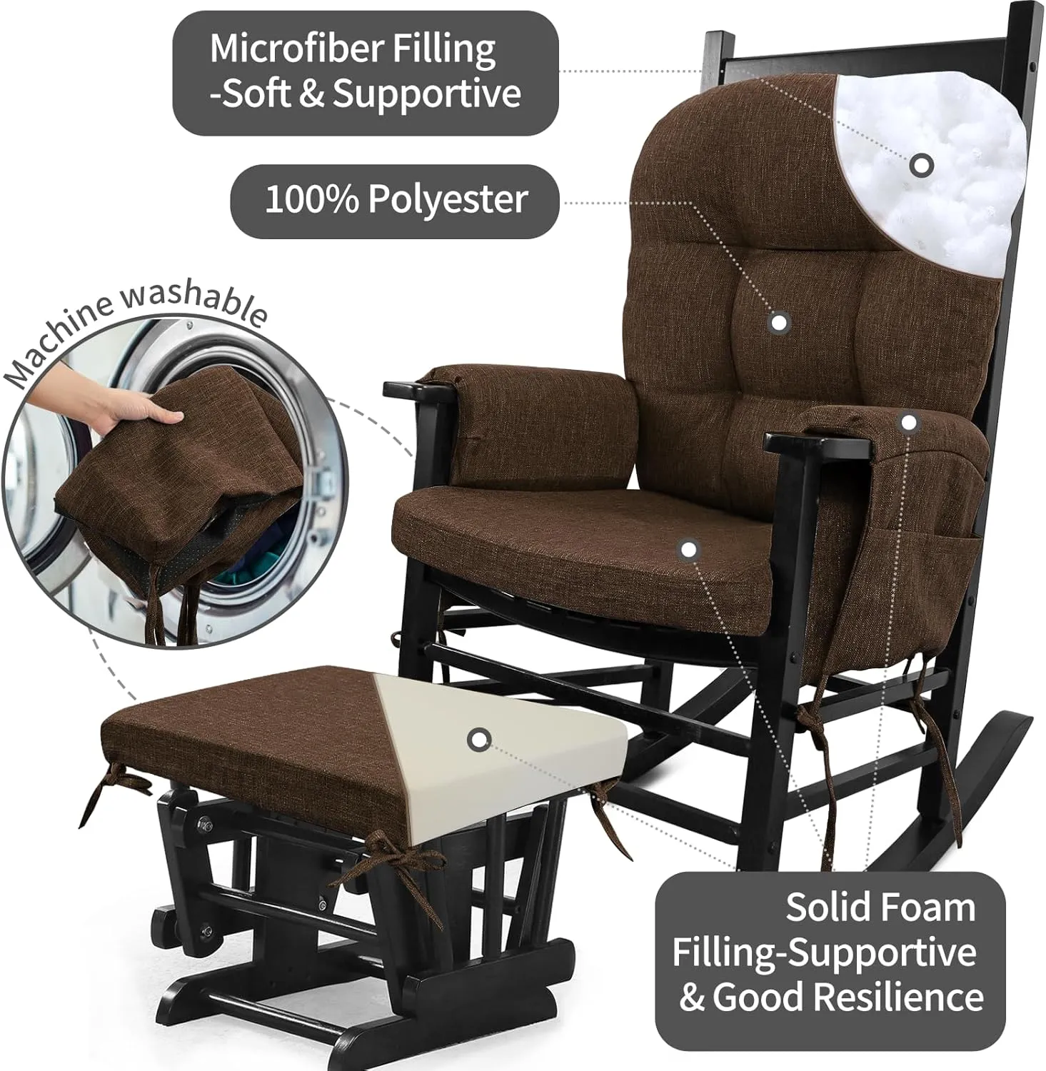 BUYUE Glider Rocker Replacement Cushion 5 PCS with Ties, Linen High-Density Foam Non-Slip & Washable Rocking Chair Pads for Sitting, Chocolate