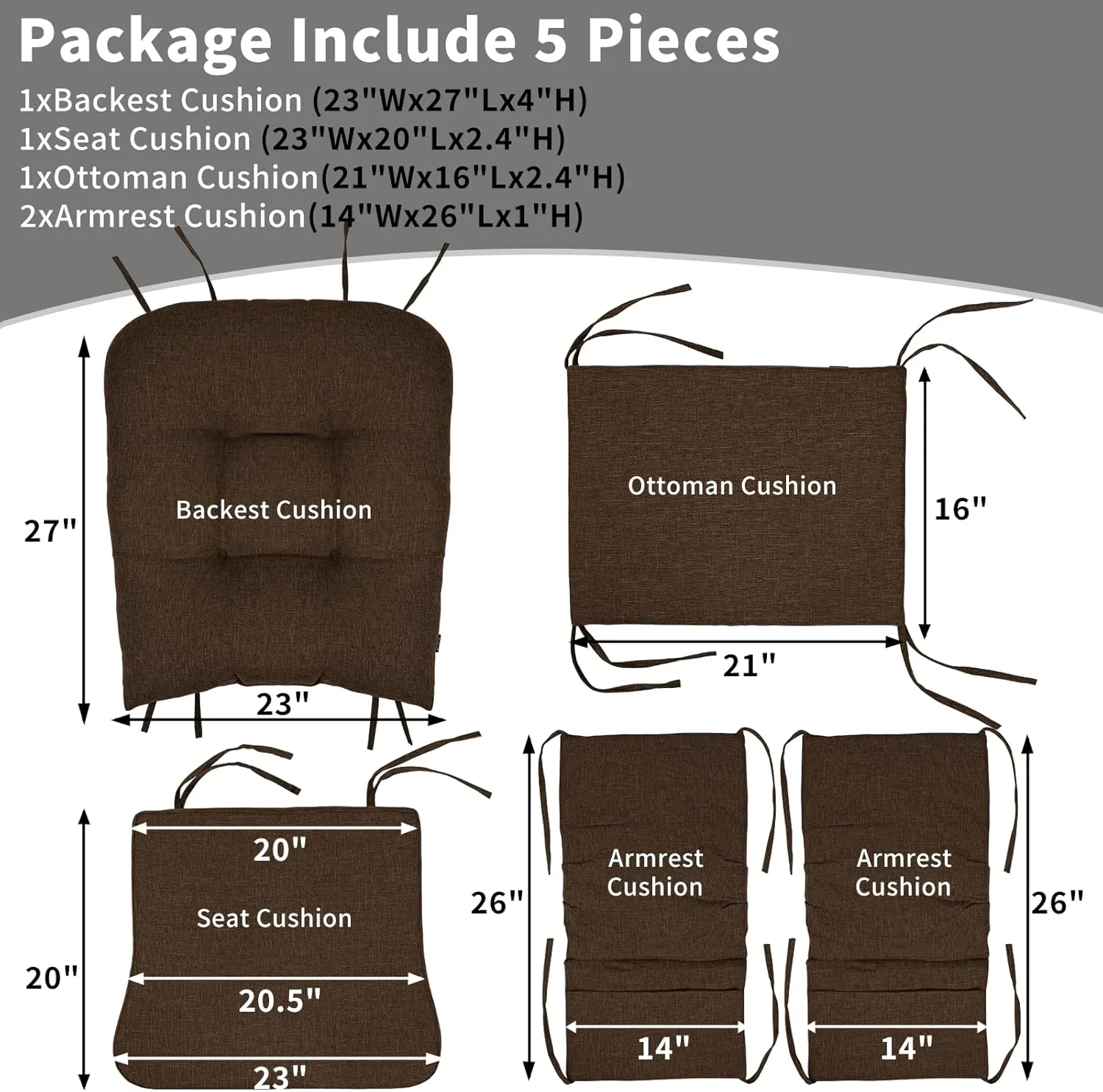 BUYUE Glider Rocker Replacement Cushion 5 PCS with Ties, Linen High-Density Foam Non-Slip & Washable Rocking Chair Pads for Sitting, Chocolate