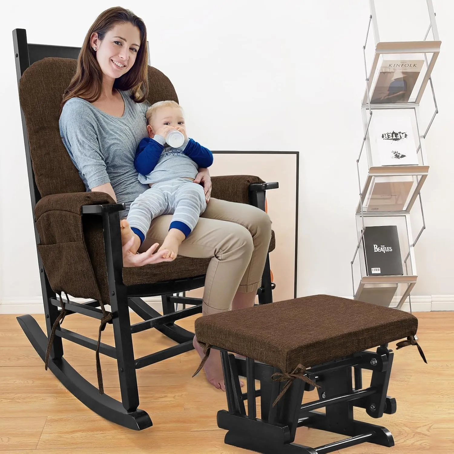 BUYUE Glider Rocker Replacement Cushion 5 PCS with Ties, Linen High-Density Foam Non-Slip & Washable Rocking Chair Pads for Sitting, Chocolate