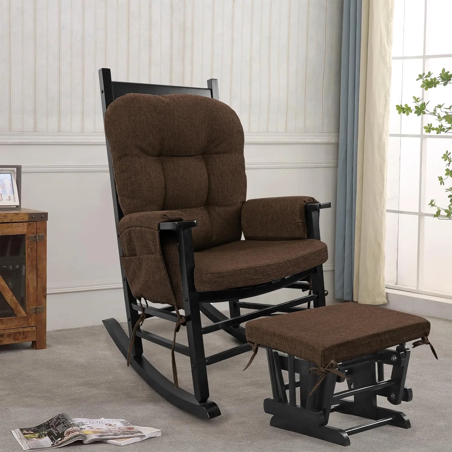 BUYUE Glider Rocker Replacement Cushion 5 PCS with Ties, Linen High-Density Foam Non-Slip & Washable Rocking Chair Pads for Sitting, Chocolate