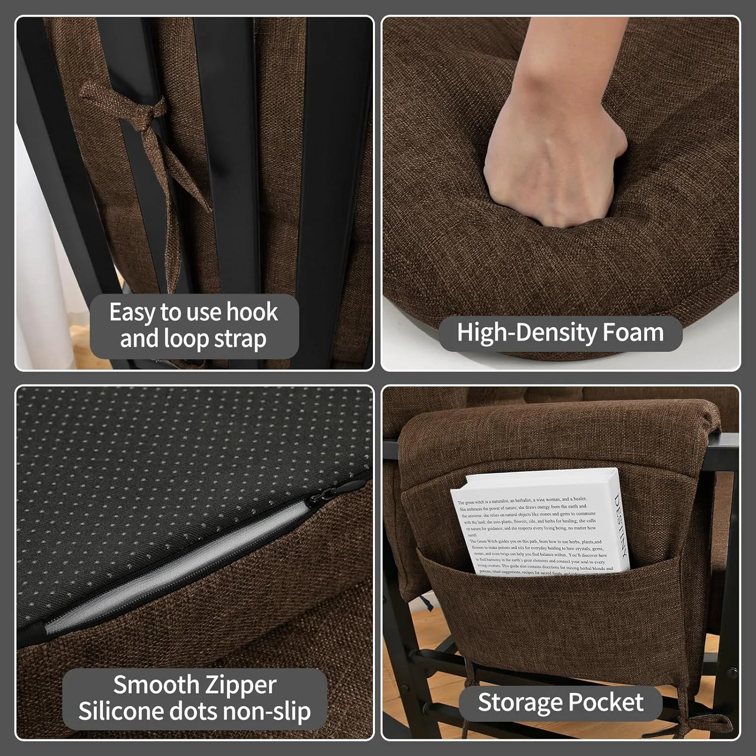 BUYUE Glider Rocker Replacement Cushion 5 PCS with Ties, Linen High-Density Foam Non-Slip & Washable Rocking Chair Pads for Sitting, Chocolate