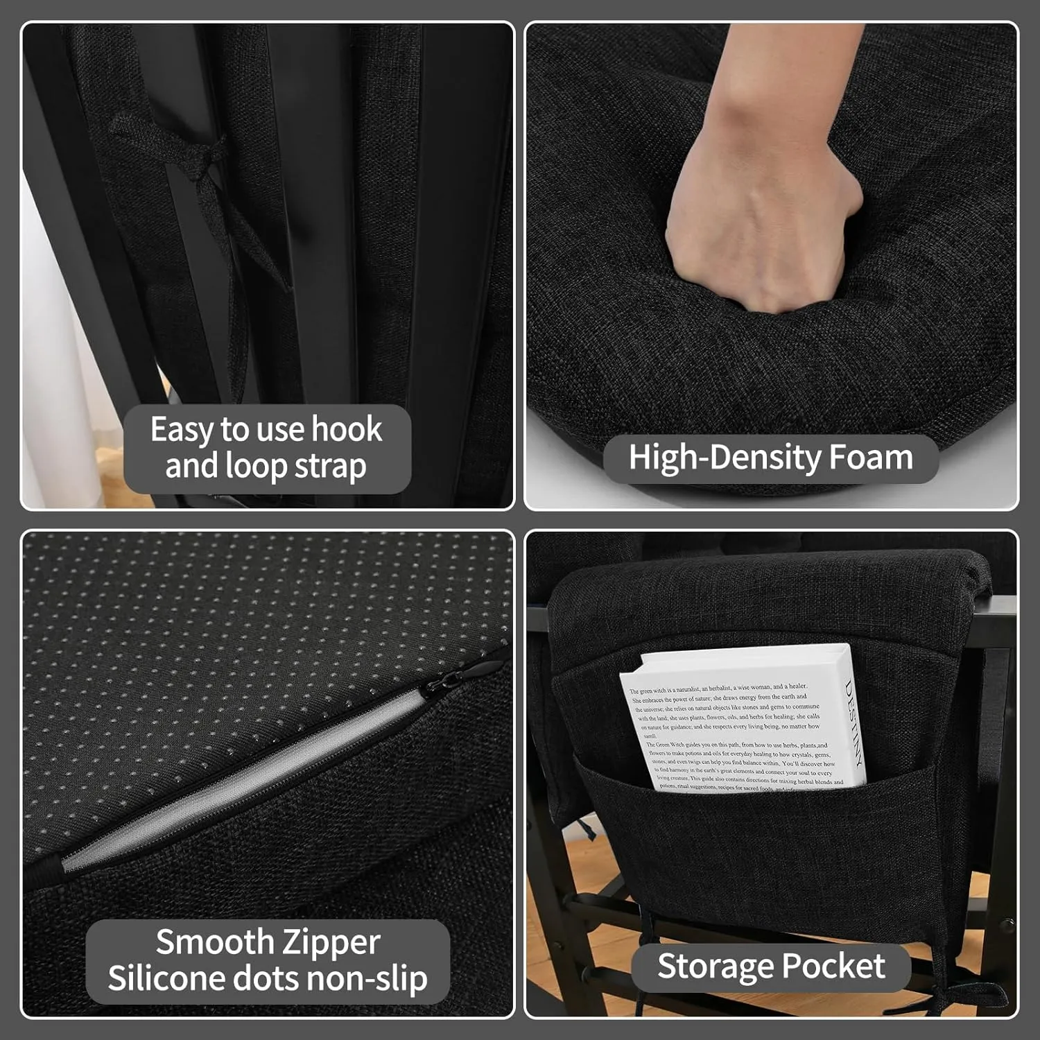 BUYUE Glider Rocker Replacement Cushion 5 PCS with Ties, Linen High-Density Foam Non-Slip & Washable Rocking Chair Pads for Sitting,Black