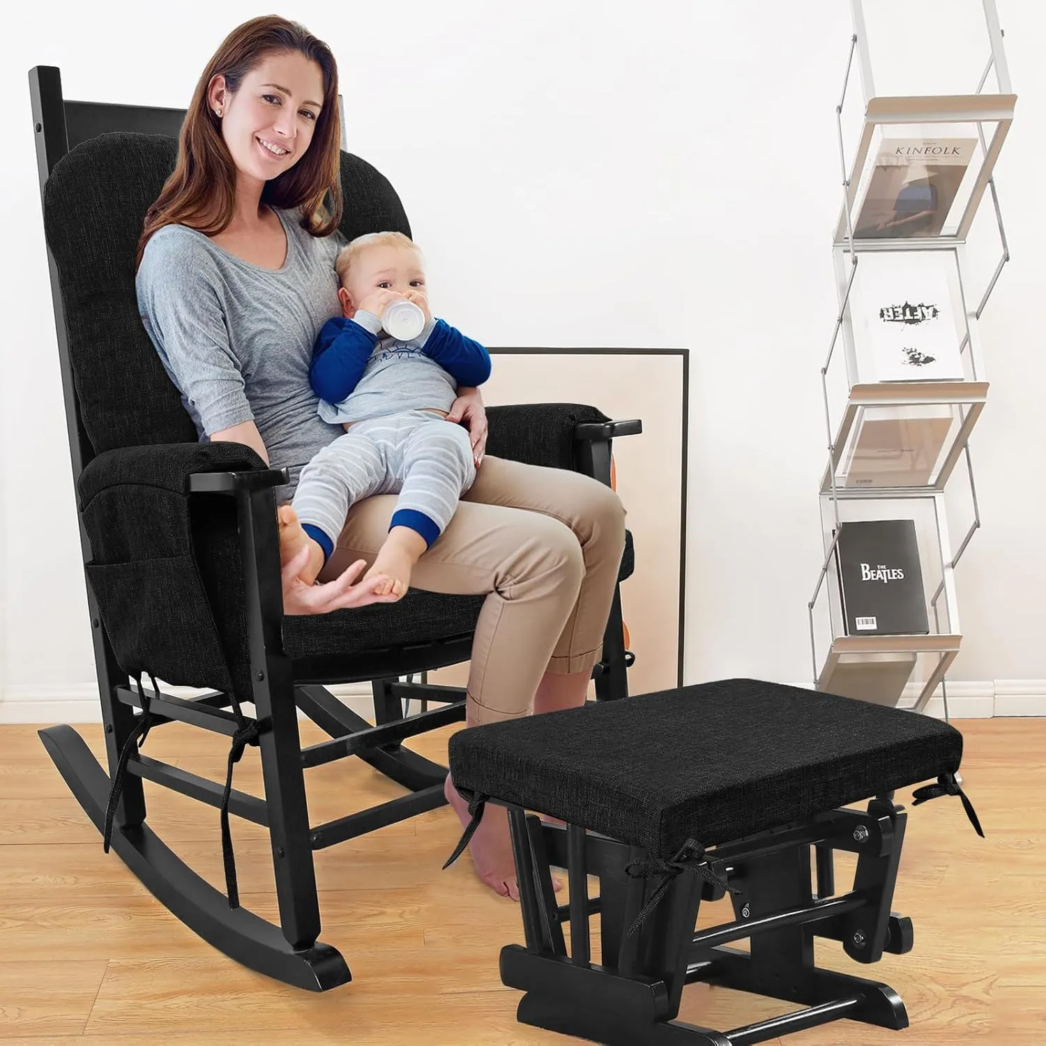 BUYUE Glider Rocker Replacement Cushion 5 PCS with Ties, Linen High-Density Foam Non-Slip & Washable Rocking Chair Pads for Sitting,Black