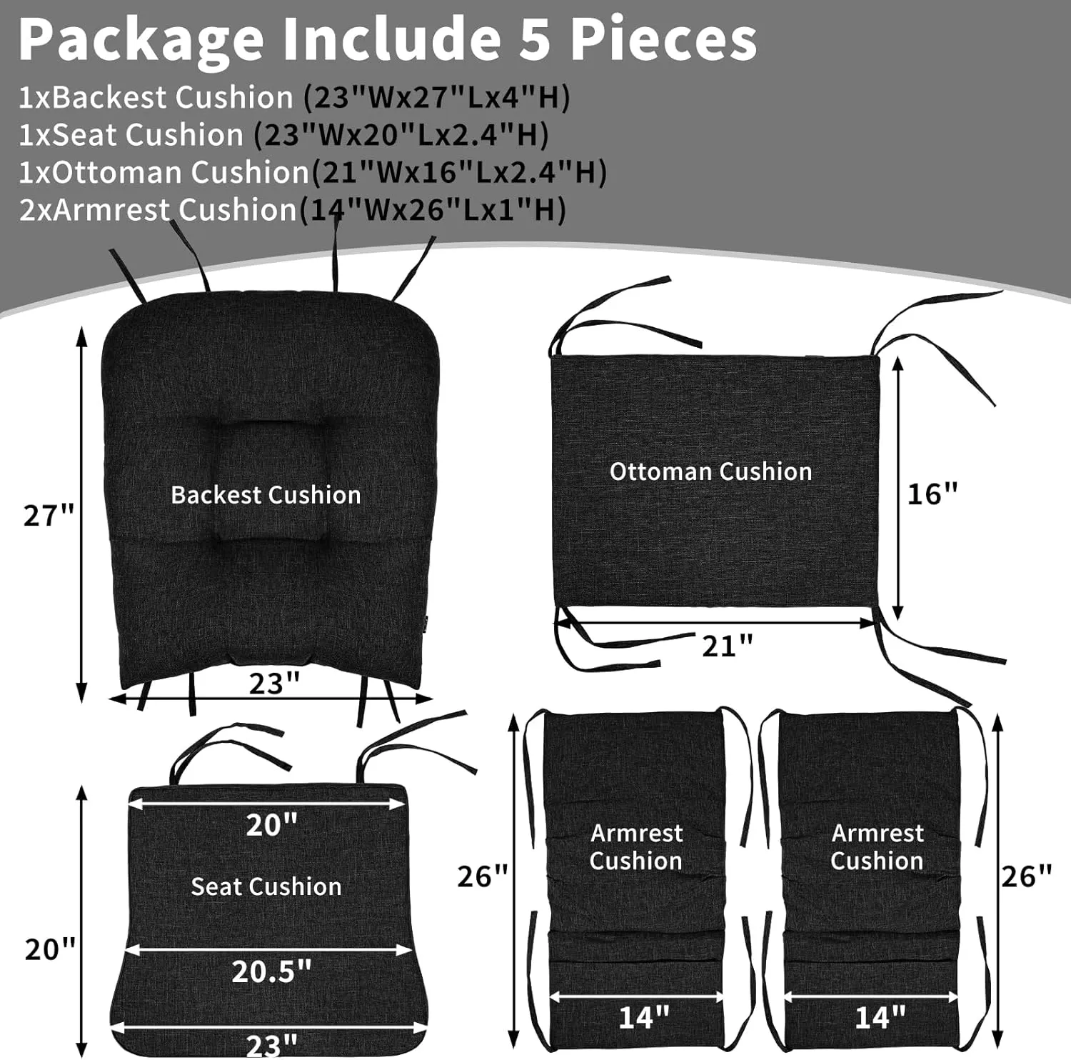 BUYUE Glider Rocker Replacement Cushion 5 PCS with Ties, Linen High-Density Foam Non-Slip & Washable Rocking Chair Pads for Sitting,Black