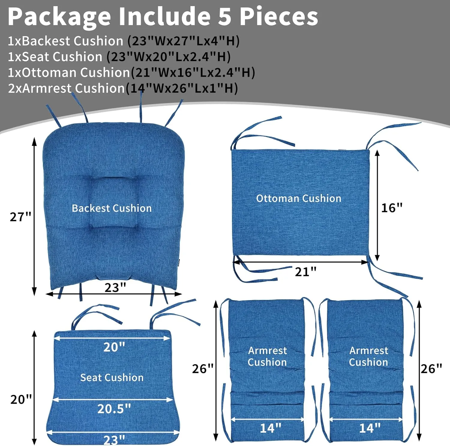 BUYUE Glider Rocker Replacement Cushion 5 PCS with Ties, Linen High-Density Foam Non-Slip & Washable Rocking Chair Pads for Sitting,Blue