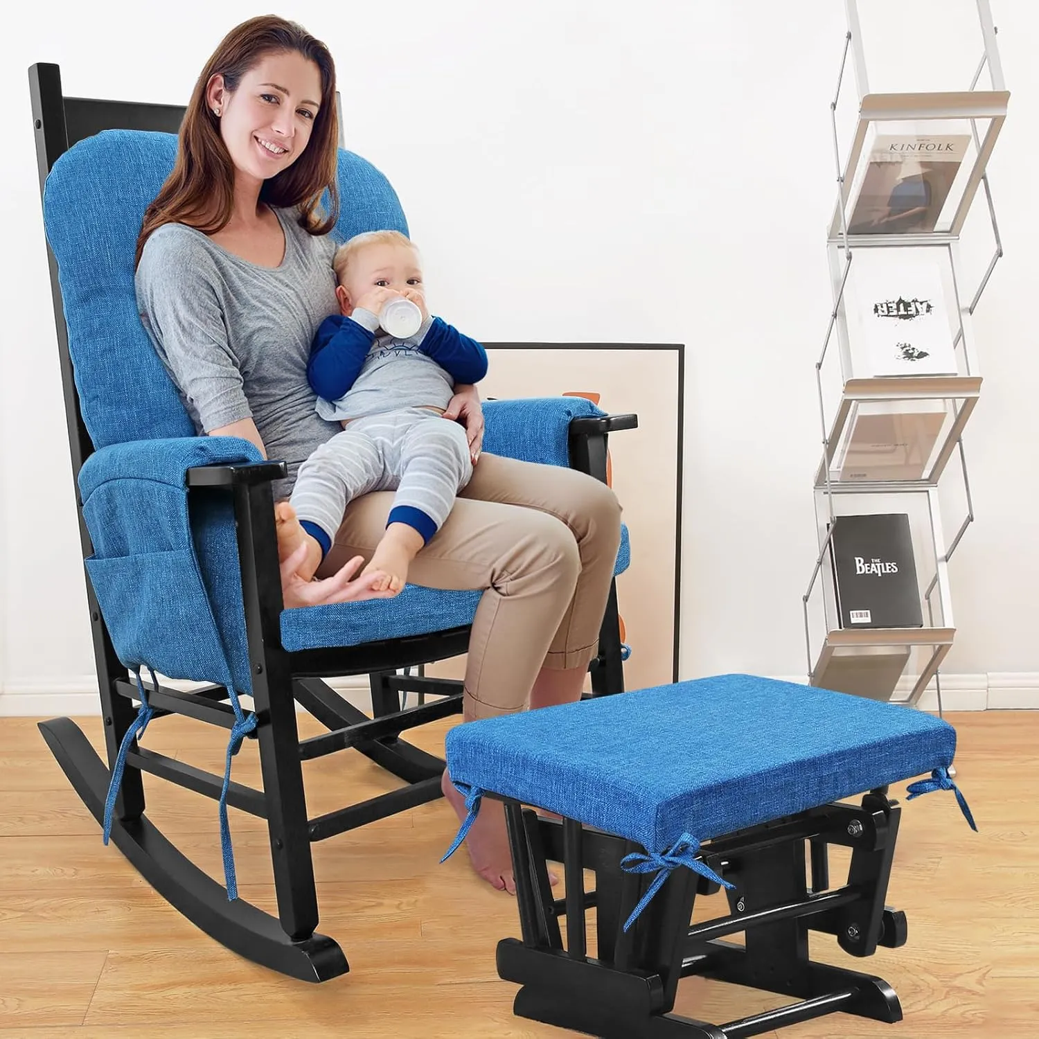 BUYUE Glider Rocker Replacement Cushion 5 PCS with Ties, Linen High-Density Foam Non-Slip & Washable Rocking Chair Pads for Sitting,Blue