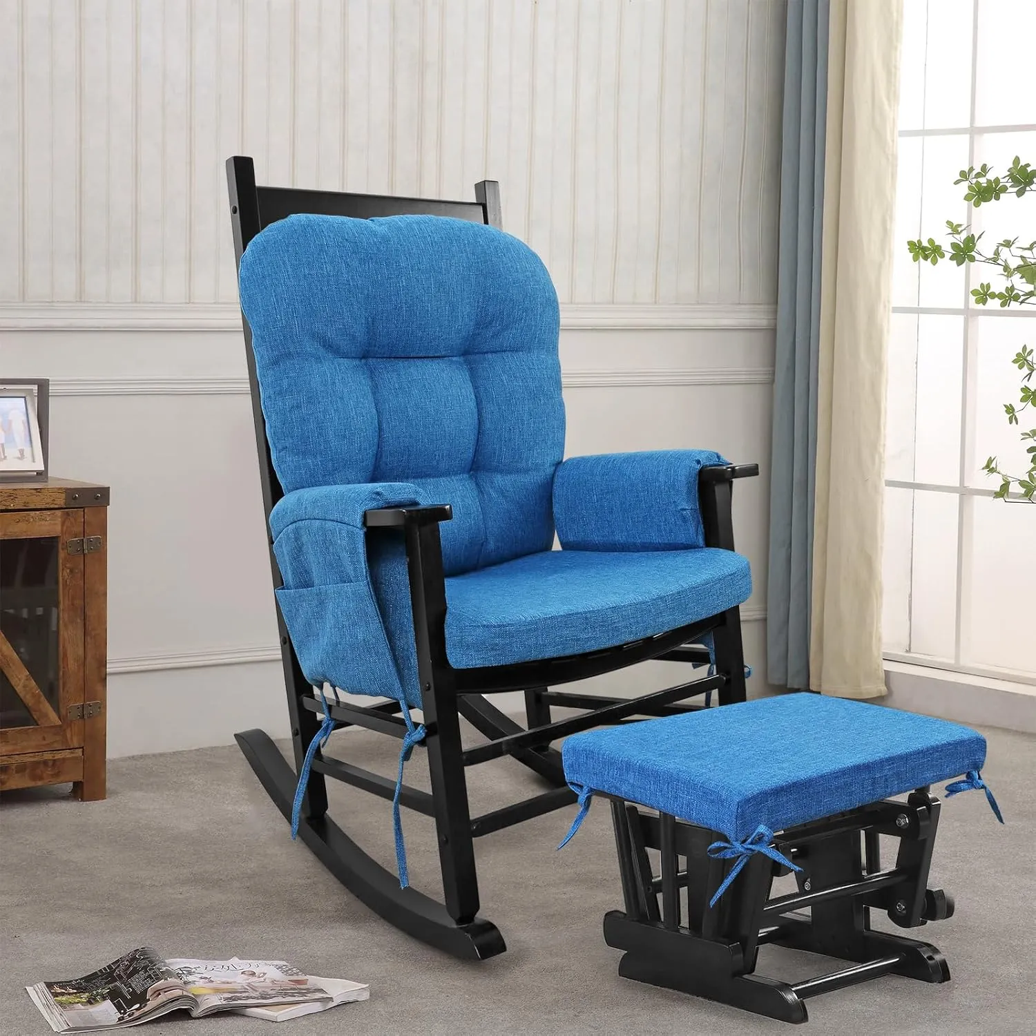 BUYUE Glider Rocker Replacement Cushion 5 PCS with Ties, Linen High-Density Foam Non-Slip & Washable Rocking Chair Pads for Sitting,Blue