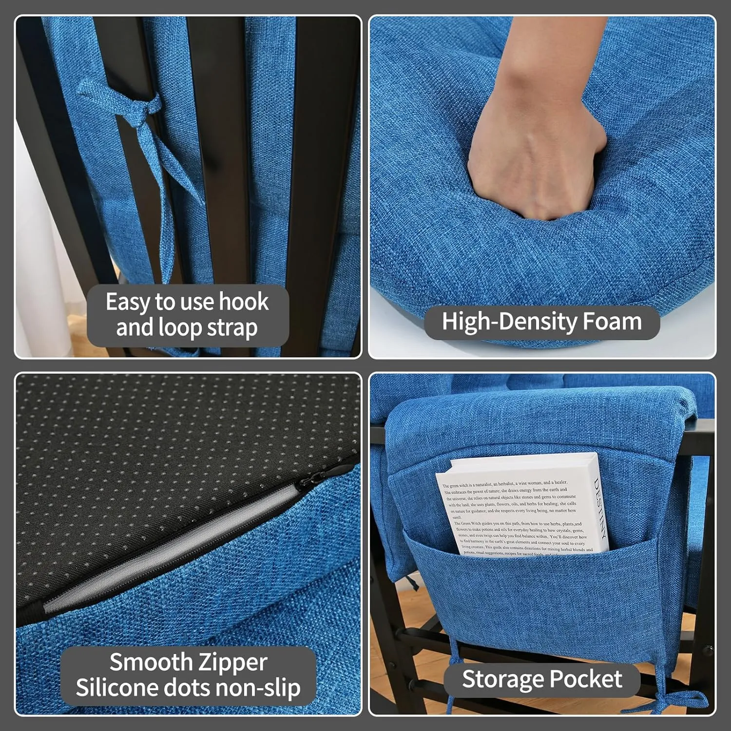 BUYUE Glider Rocker Replacement Cushion 5 PCS with Ties, Linen High-Density Foam Non-Slip & Washable Rocking Chair Pads for Sitting,Blue