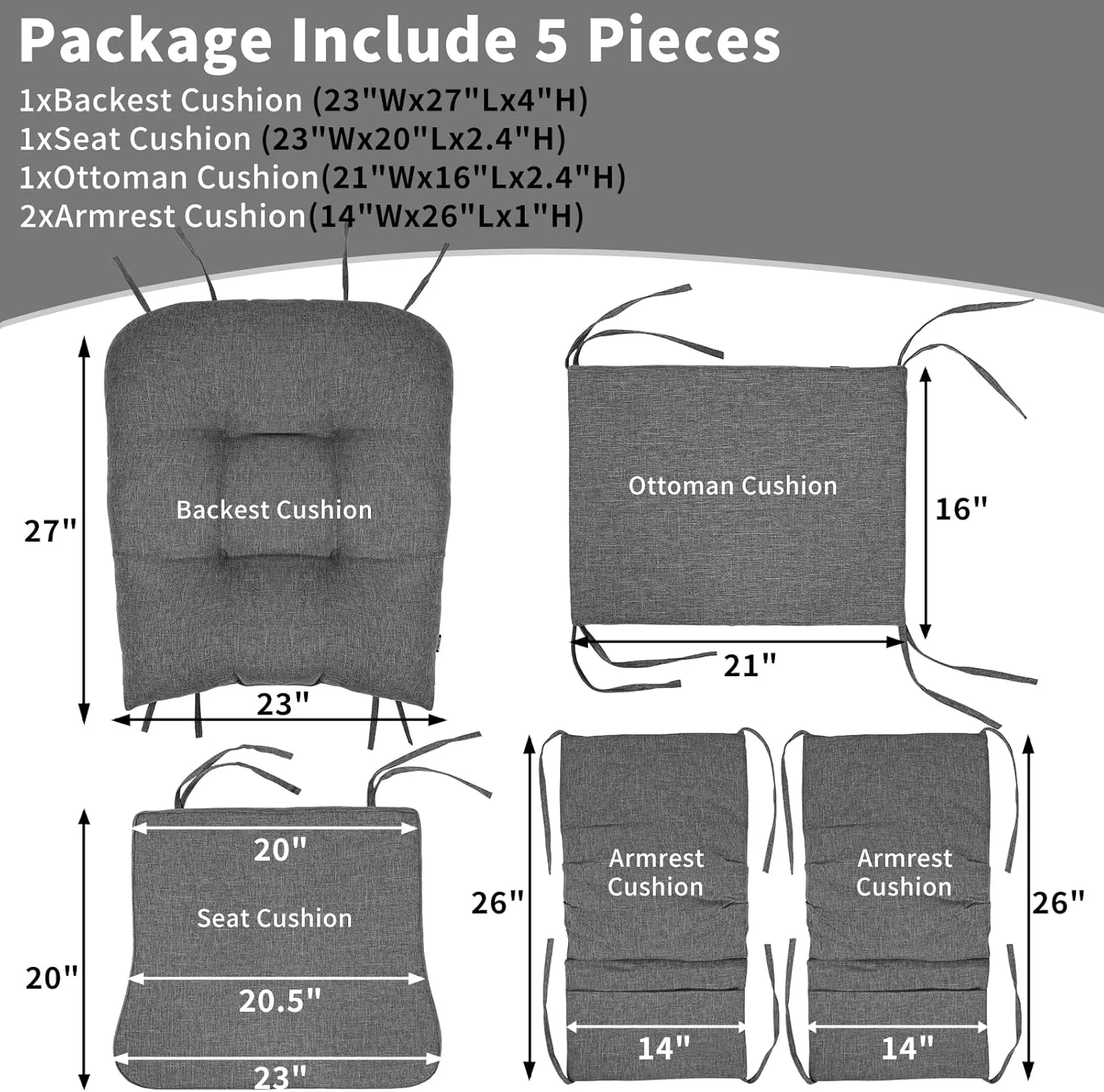 BUYUE Glider Rocker Replacement Cushion 5 PCS with Ties, Linen High-Density Foam Non-Slip & Washable Rocking Chair Pads for Sitting,Gray