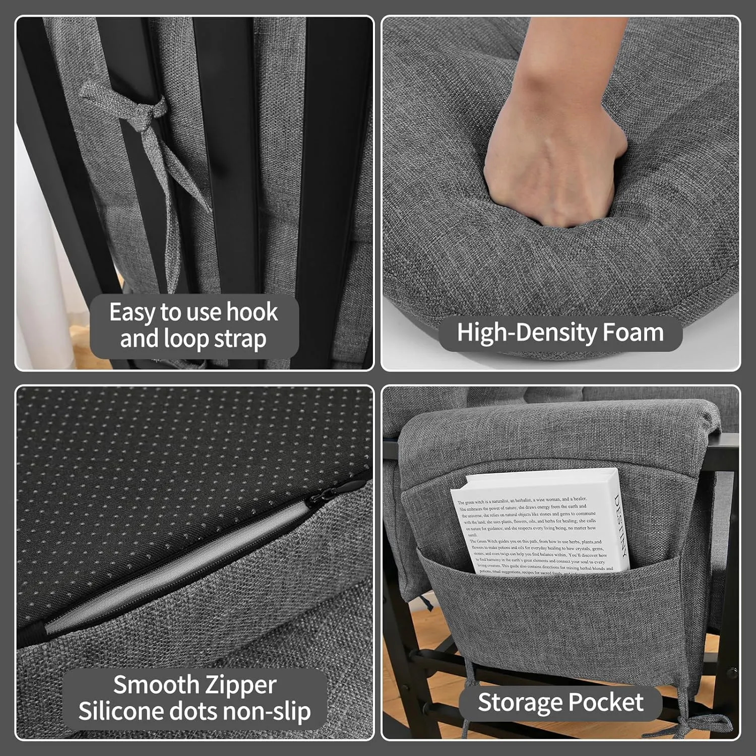 BUYUE Glider Rocker Replacement Cushion 5 PCS with Ties, Linen High-Density Foam Non-Slip & Washable Rocking Chair Pads for Sitting,Gray