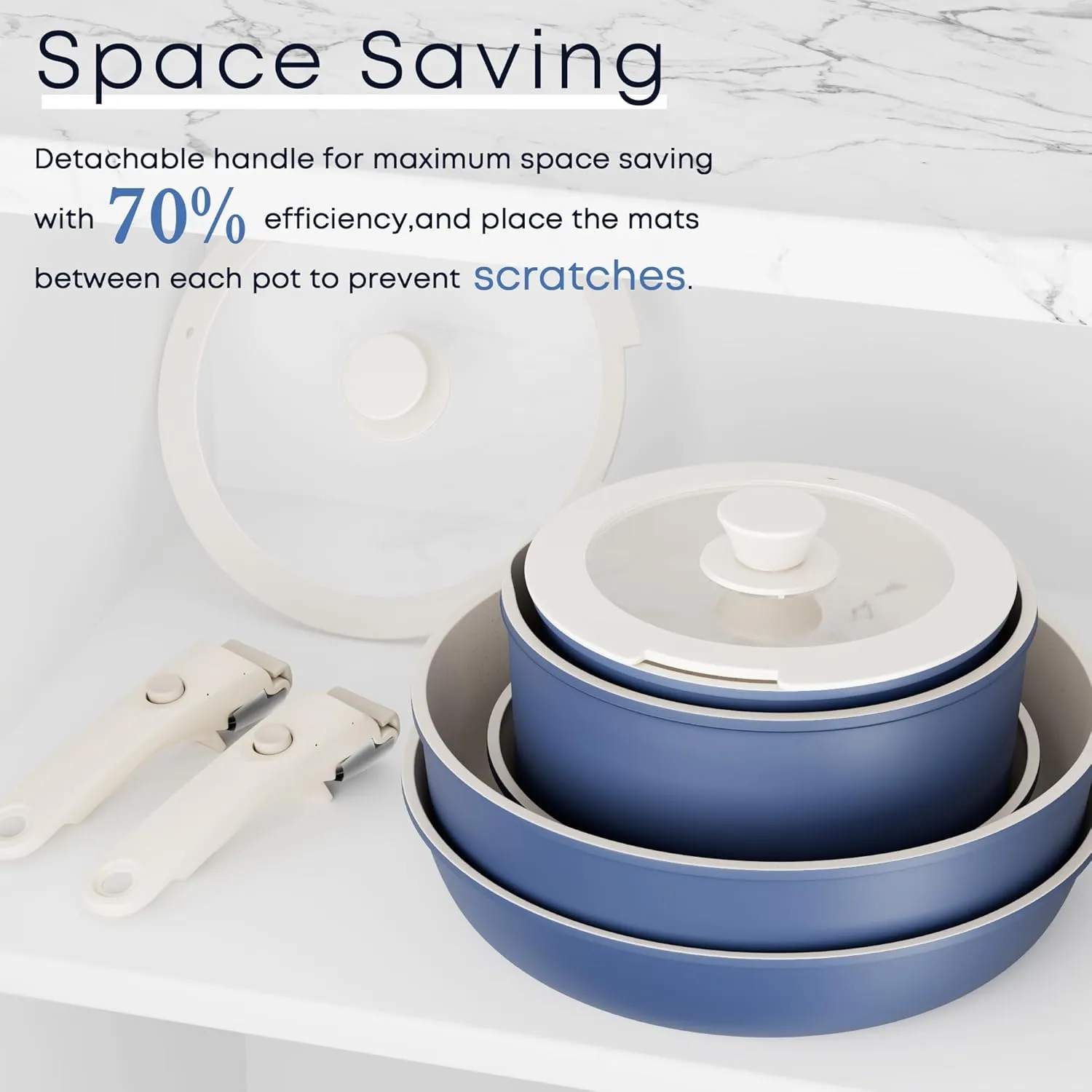 Caannasweis Detachable Nonstick Cookware Set - Stackable Induction Pots and Pans With Removable Handles, Dishwasher Safe - For RV Camping, Oven and Stovetop Use, 5 Pieces (Blue)