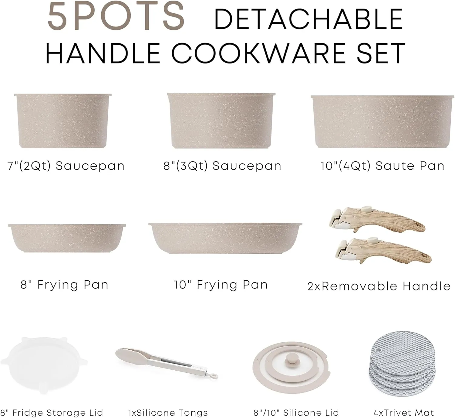 Caannasweis Detachable Nonstick Cookware Set - Stackable Induction Pots and Pans With Removable Handles, Dishwasher Safe - For RV Camping, Oven and Stovetop Use, 5 Pieces (Brown)