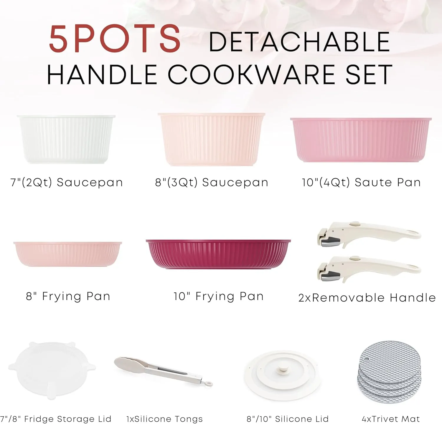 Caannasweis Detachable Nonstick Cookware Set - Stackable Induction Pots and Pans With Removable Handles, Dishwasher Safe - For RV Camping, Oven and Stovetop Use, 5 Pieces (Flower)