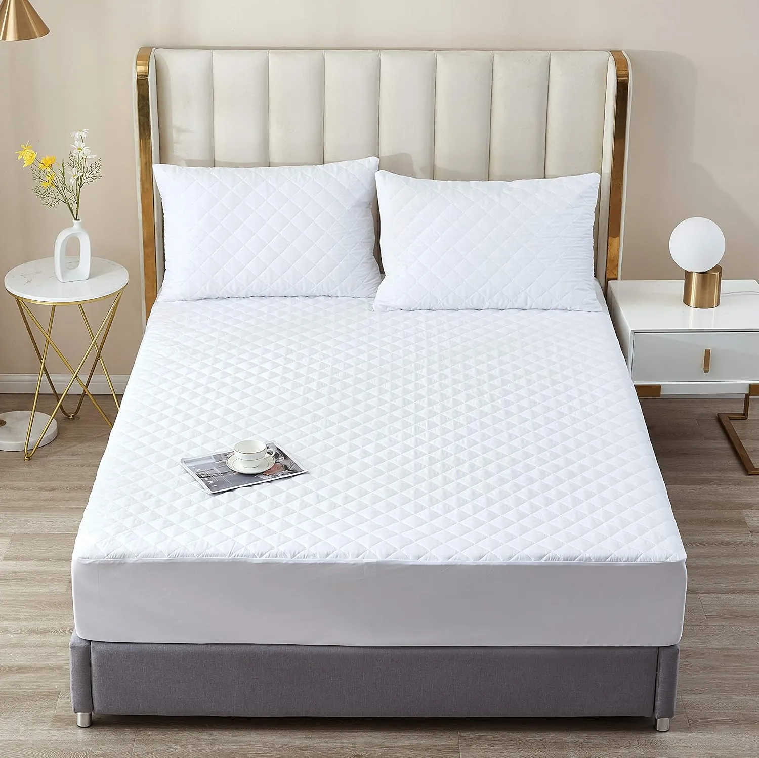 California King Waterproof Mattress Protector, Quilted Cooling Fitted Bed Mattress Cover Pad, 13"-15" Deep Pocket, Soft and Noiseless Machine Washable, Vinyl Free