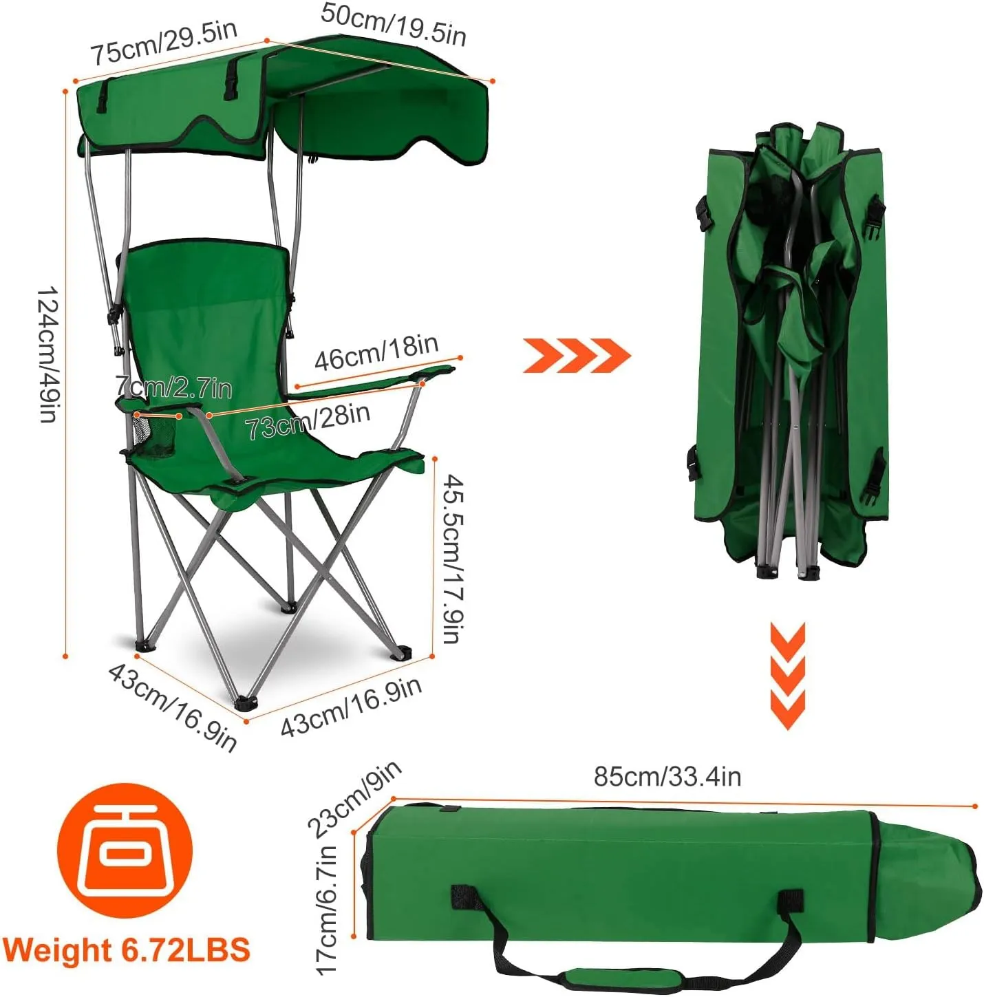 Camping Chair with Canopy, Folding Chairs for Outside, Beach Chair with Canopy Shade, Portable Lawn Chairs with Cup Holders, Heavy Duty Camping Chairs - Support 330 Lbs (Green)