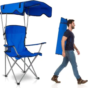 Camping Chair with Canopy, Outdoor Folding Lounge Chair with Adjustable UPF 50  Sun Shade & Cup Holder, Portable Camping Recliner for Camp Beach Outdoor Sports, 350LB Max Support - U.S Spot