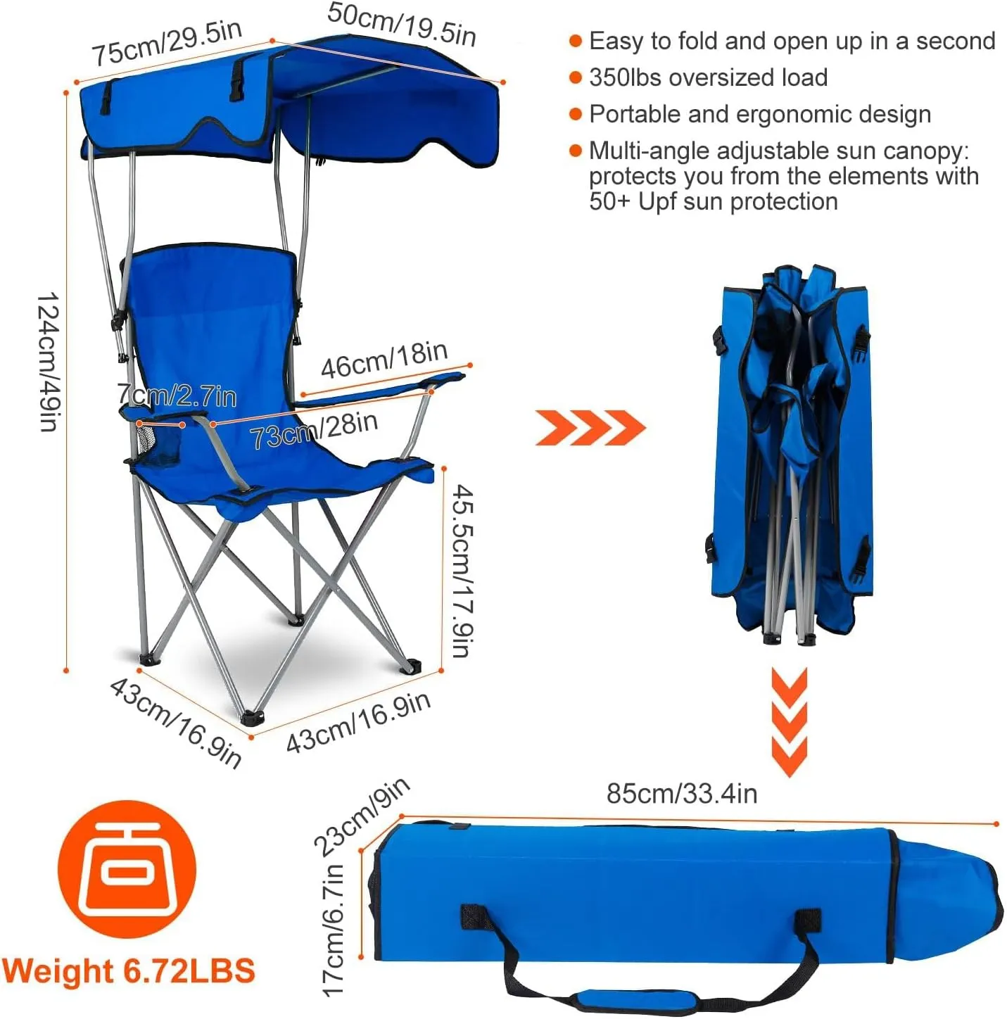 Camping Chair with Canopy, Outdoor Folding Lounge Chair with Adjustable UPF 50  Sun Shade & Cup Holder, Portable Camping Recliner for Camp Beach Outdoor Sports, 350LB Max Support - U.S Spot