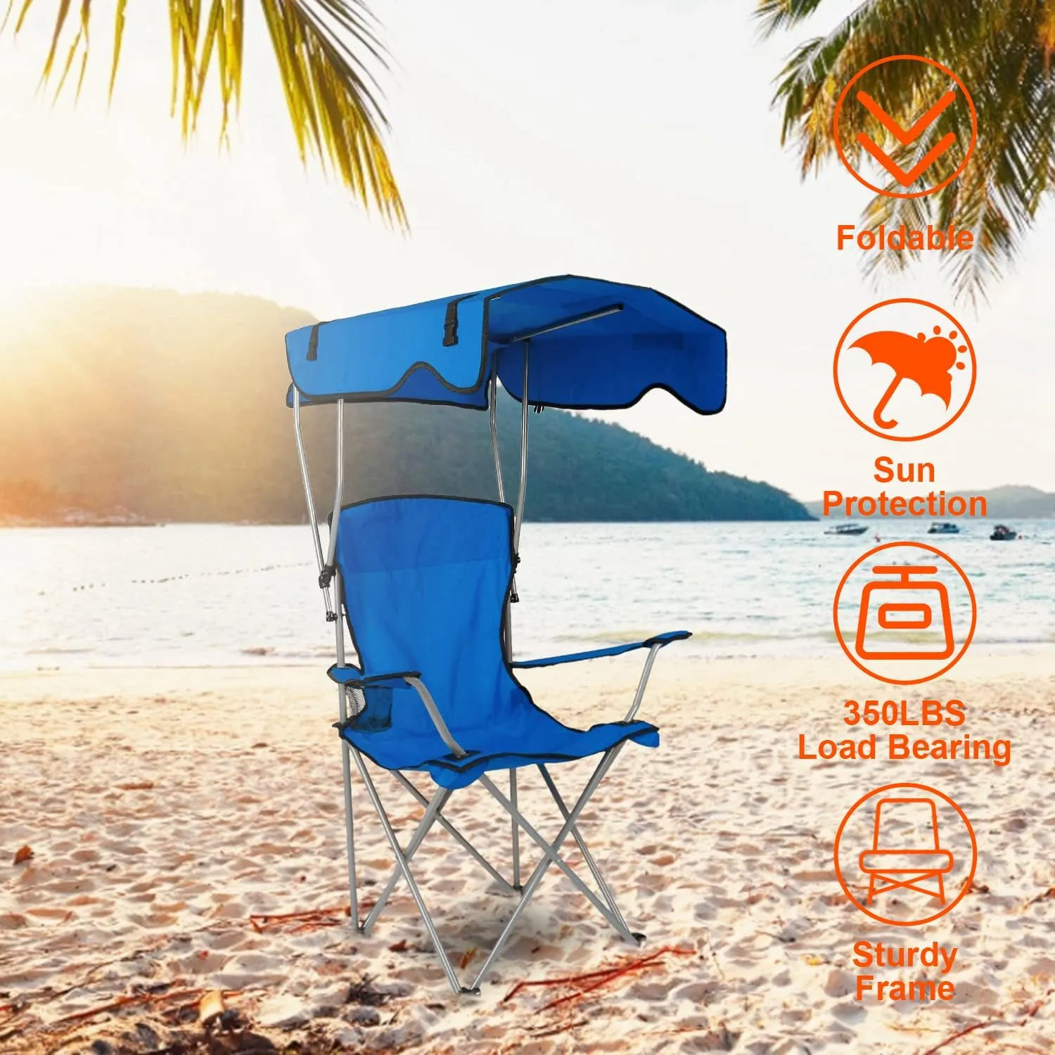 Camping Chair with Canopy, Outdoor Folding Lounge Chair with Adjustable UPF 50  Sun Shade & Cup Holder, Portable Camping Recliner for Camp Beach Outdoor Sports, 350LB Max Support - U.S Spot