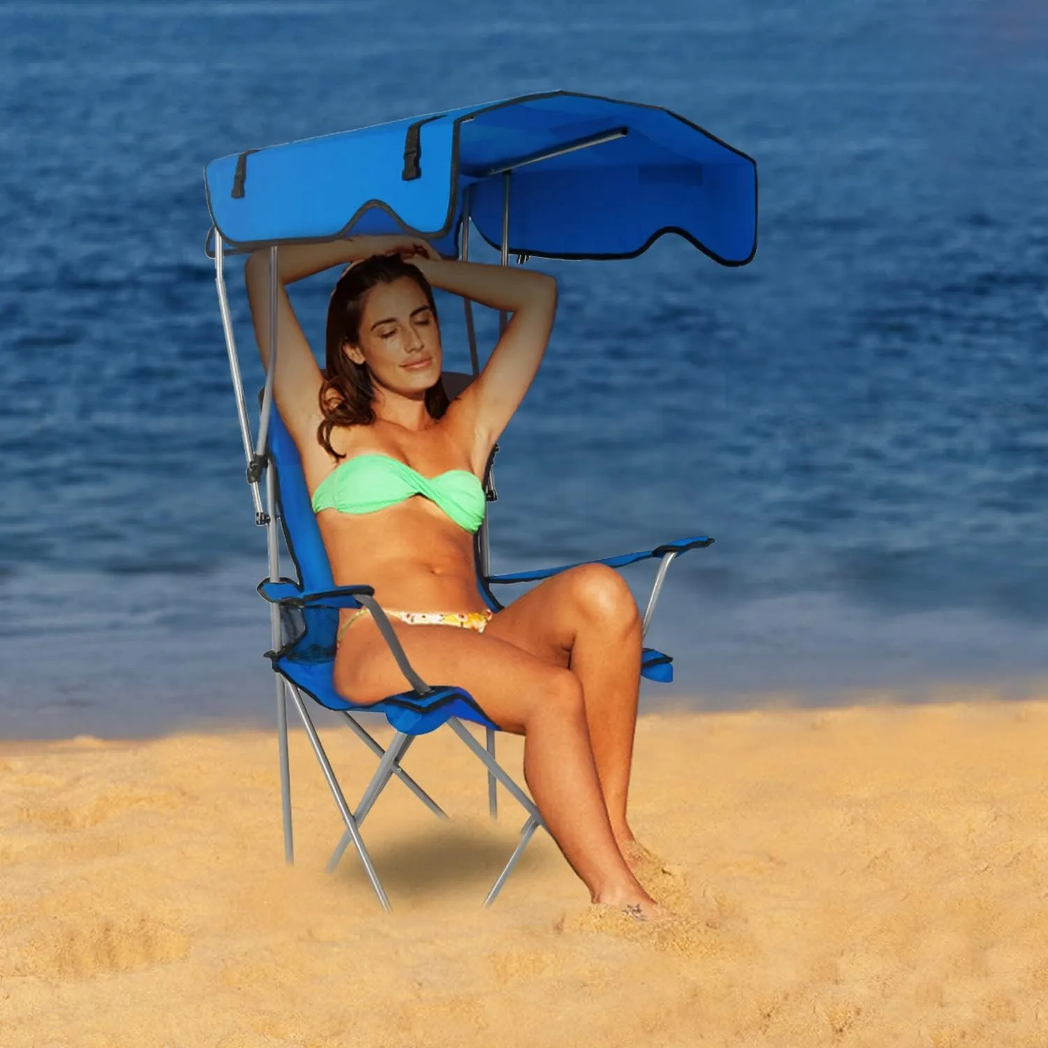 Camping Chair with Canopy, Outdoor Folding Lounge Chair with Adjustable UPF 50  Sun Shade & Cup Holder, Portable Camping Recliner for Camp Beach Outdoor Sports, 350LB Max Support - U.S Spot