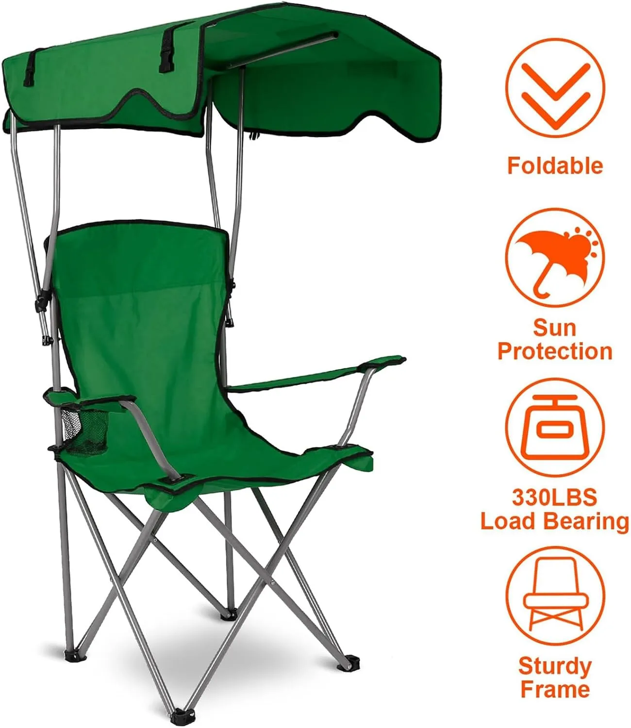 Camping Chairs with Canopy Shade, Heavy Duty Sun Protection Lounge Chair with Cup Holder, Beach Lounge Chair, Folding Camp Chair for Outdoor Sports, Support 330 LBS, Green