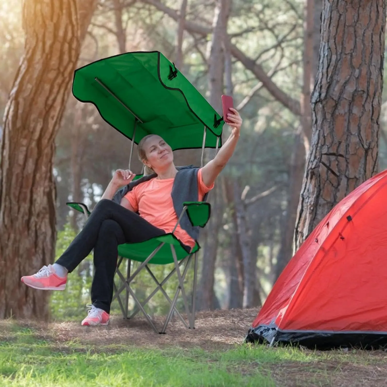 Camping Chairs with Canopy Shade, Heavy Duty Sun Protection Lounge Chair with Cup Holder, Beach Lounge Chair, Folding Camp Chair for Outdoor Sports, Support 330 LBS, Green