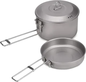 Camping Cookware Set Titanium Pot and Fry Pan Set with Lid and Foldable Handles for Outdoor Camping Hiking Backpacking Picnic