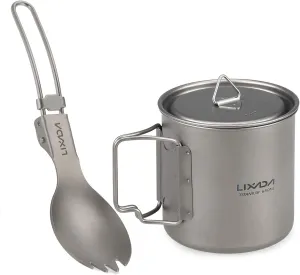 Camping Gear, Cookware Set 300ml/350ml/420ml/550ml/650ml/750ml Ultralight Titanium Cup with Folding Dinner Spork Tableware for Camping Hiking Backpacking