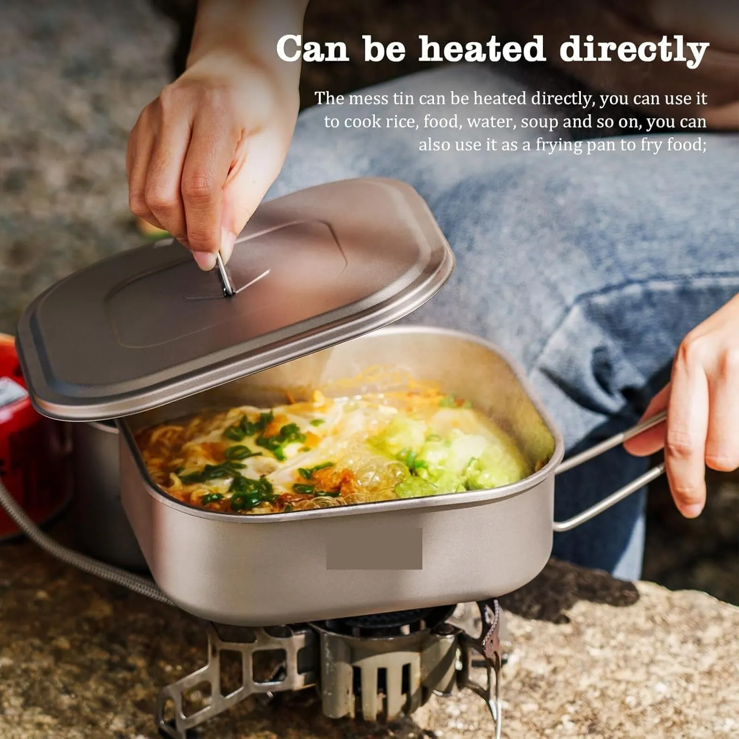 Camping Kitchen Utensil Outdoor Camping Cooker Portable Lunch Box with Lid Folding Handle Frying Pan Square Lunch Box for Outdoor Cooking