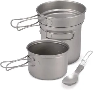 Camping Titanium Cookware Set 1000ml 750ml Pot Pan Spoon Set for Outdoor Camping Hiking Backpacking Picnic Cooking Equipment