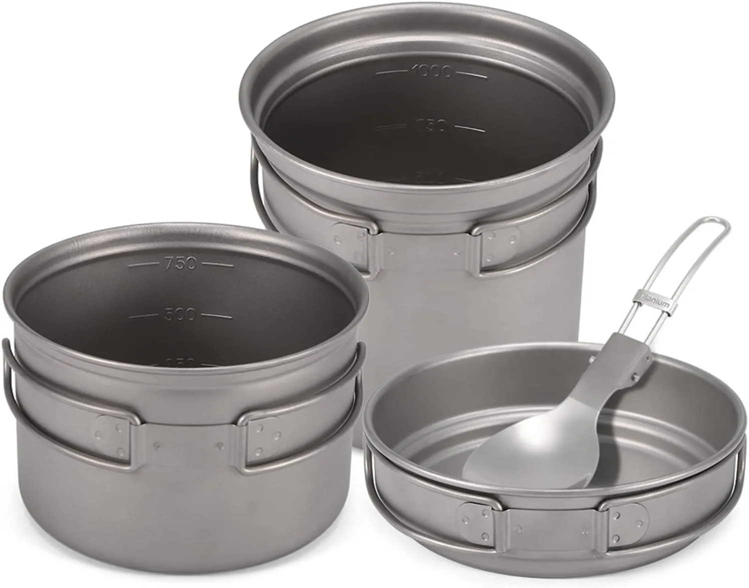 Camping Titanium Cookware Set 1000ml 750ml Pot Pan Spoon Set for Outdoor Camping Hiking Backpacking Picnic Cooking Equipment