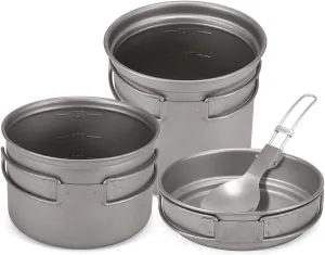 Camping Titanium Cookware Set 1000ml 750ml Pot Pan Spoon Set for Outdoor Camping Hiking Backpacking Picnic Cooking Equipment