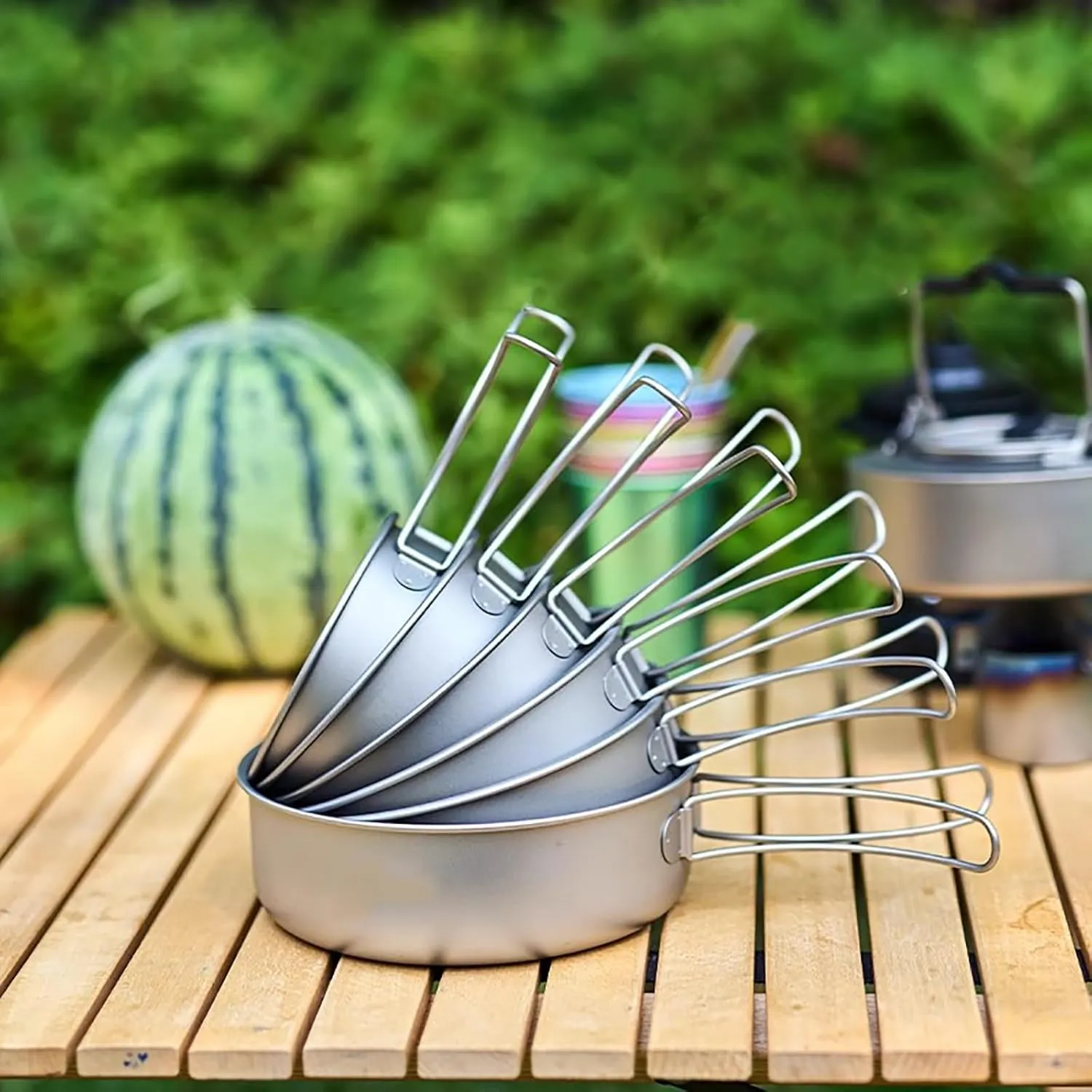Camping Titanium Pot Outdoor Cookware Cooking Pan Pot with Folding-Handle Outdoor Camp Cookware Pot Camping Mess for 2
