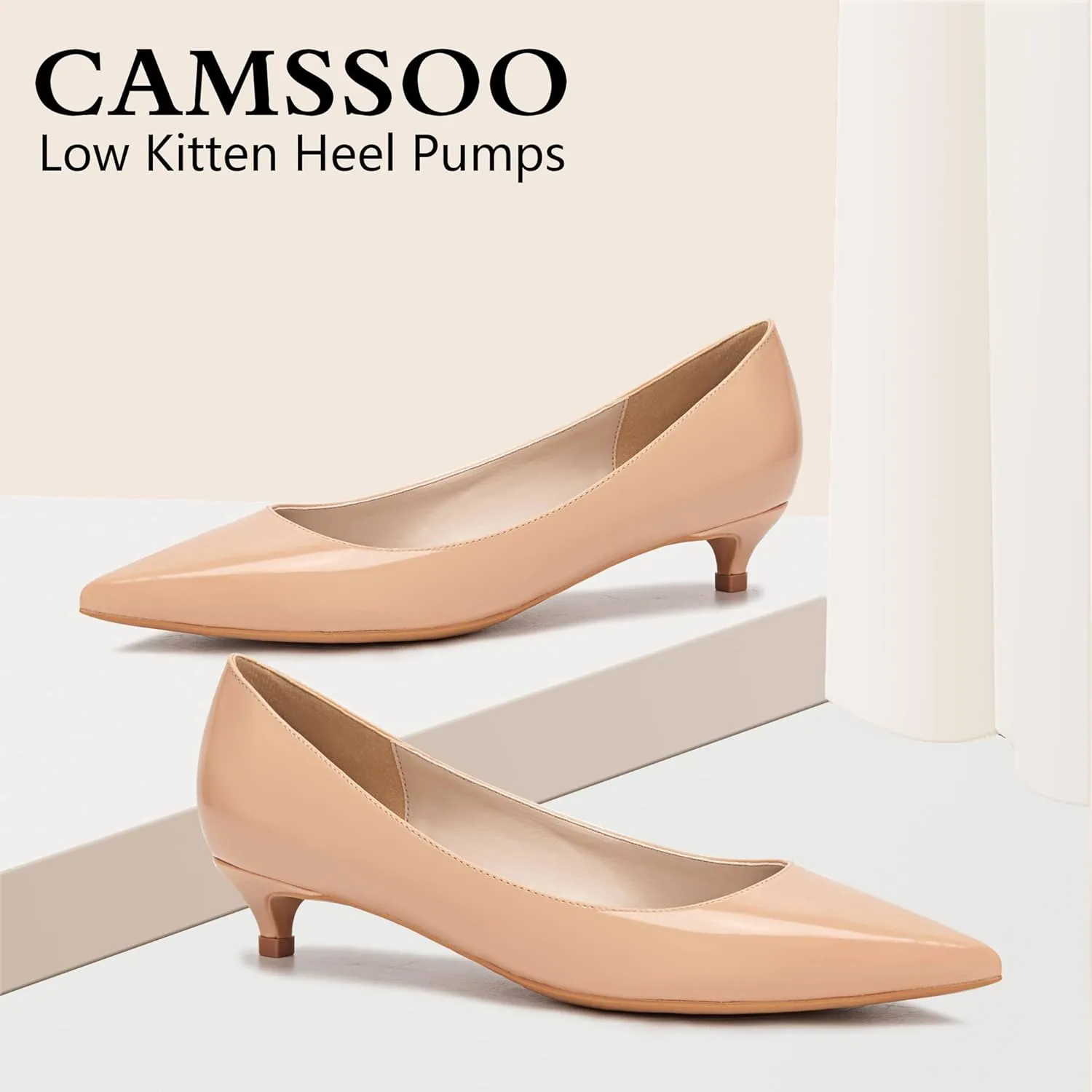 CAMSSOO Women's Low Kitten Heel Pumps - Comfort Pointed Toe Wedding Evening Party Dress Shoes