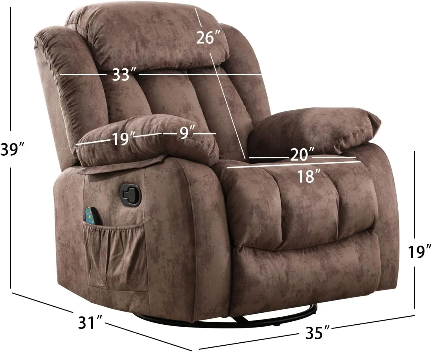 CANMOV Massage Rocker Recliner with Heat and Vibration, 360 Degree Swivel Manual Antiskid Fabric Single Sofa Heavy Duty Reclining Chair for Living Room, Dark Brown