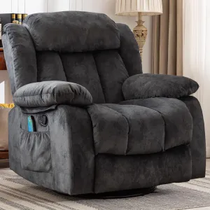CANMOV Massage Swivel Rocker Recliner Chair with Heat and Vibration, 360 Degree Swivel Manual Recliners Antiskid Fabric Single Sofa Heavy Duty Reclining Chair for Living Room, Gray