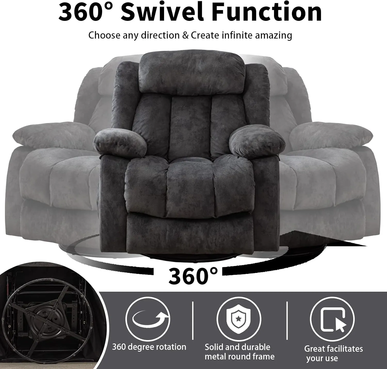 CANMOV Massage Swivel Rocker Recliner Chair with Heat and Vibration, 360 Degree Swivel Manual Recliners Antiskid Fabric Single Sofa Heavy Duty Reclining Chair for Living Room, Gray