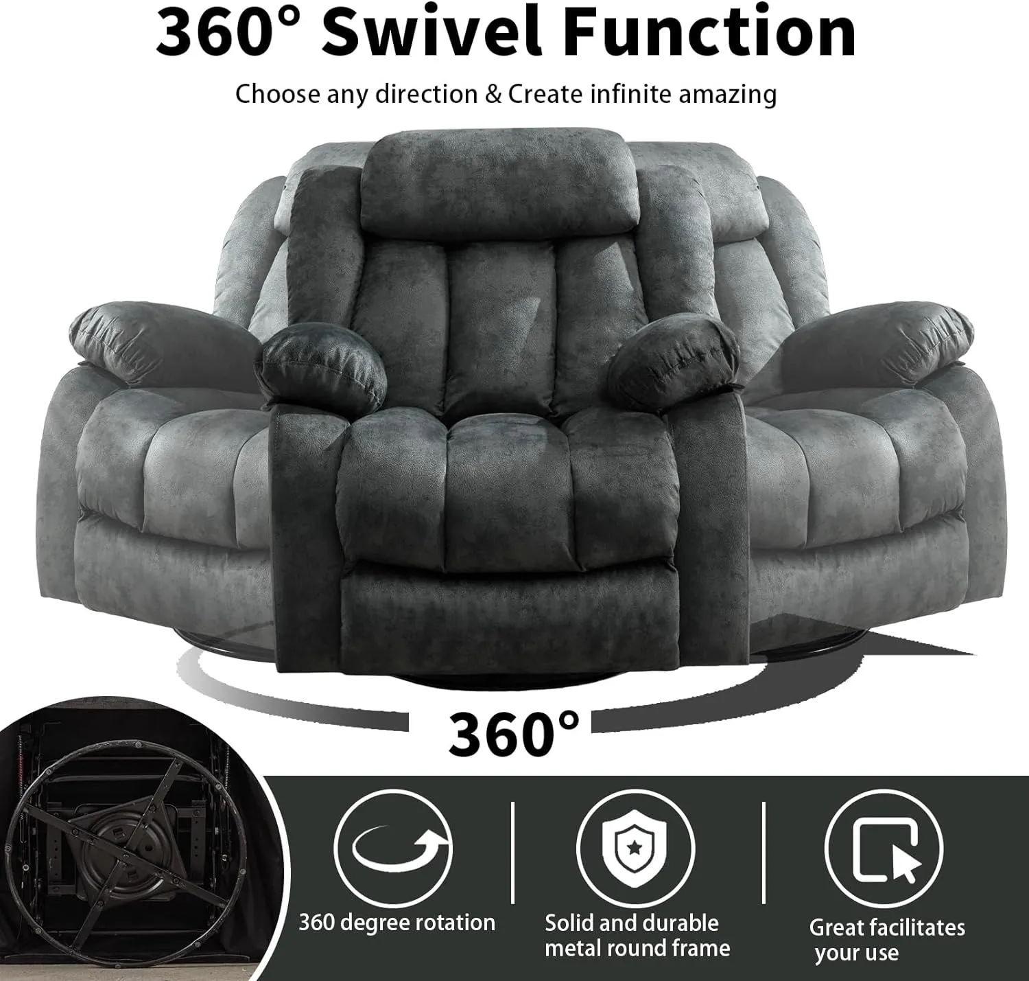 CANMOV Massage Swivel Rocker Recliner Chair with Heat and Vibration, 360 Degree Swivel Manual Recliners Antiskid Fabric Single Sofa Heavy Duty Reclining Chair for Living Room, Grey Green
