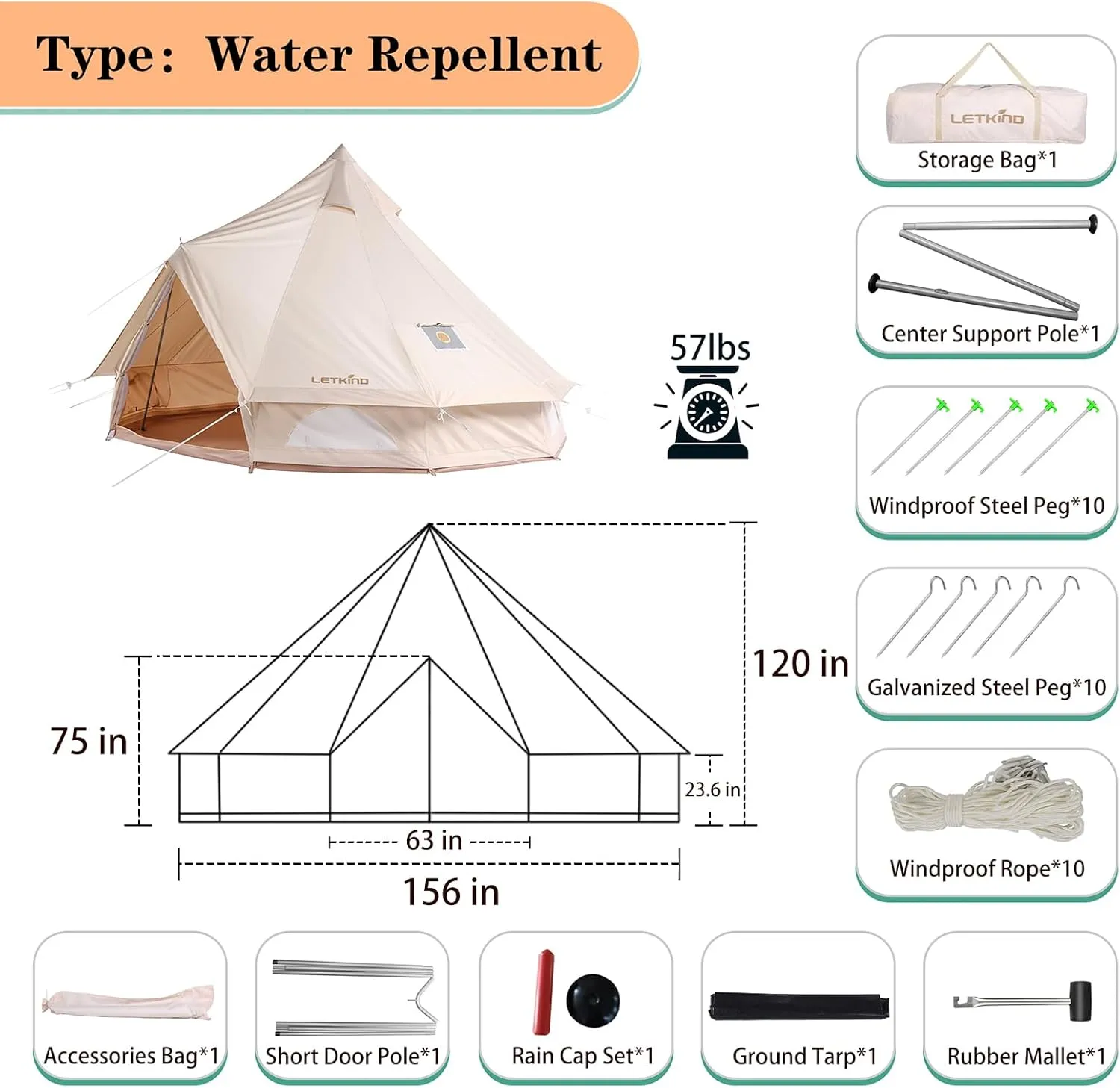 Canvas Tent Bell Tent Yurt with Stove Jack Zipped Removable Floor for Outdoor Glamping Truck Car Camping