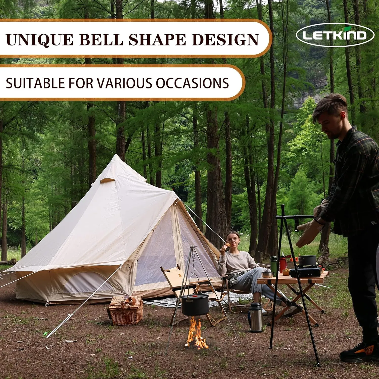 Canvas Tent Bell Tent Yurt with Stove Jack Zipped Removable Floor for Outdoor Glamping Truck Car Camping