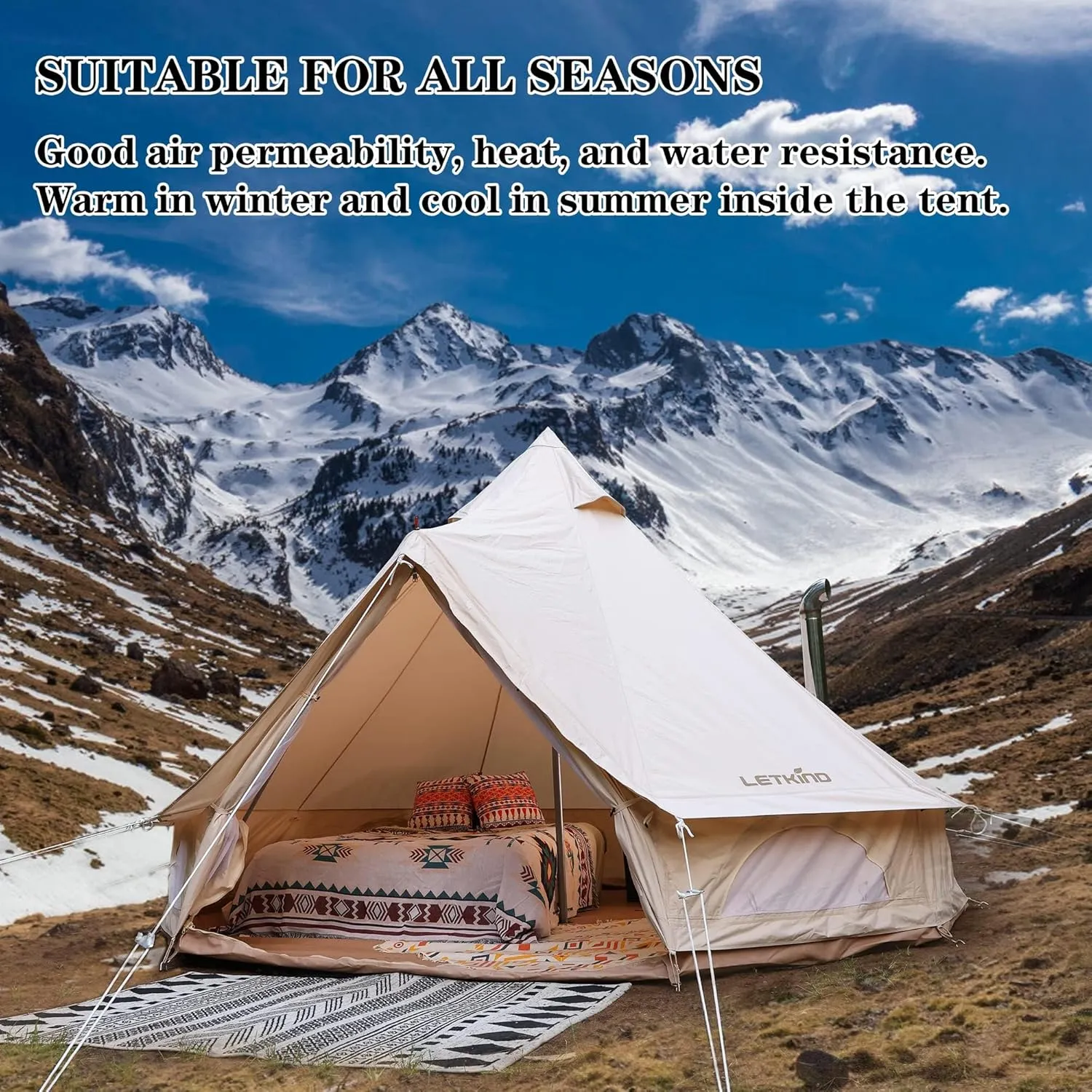 Canvas Tent Bell Tent Yurt with Stove Jack Zipped Removable Floor for Outdoor Glamping Truck Car Camping