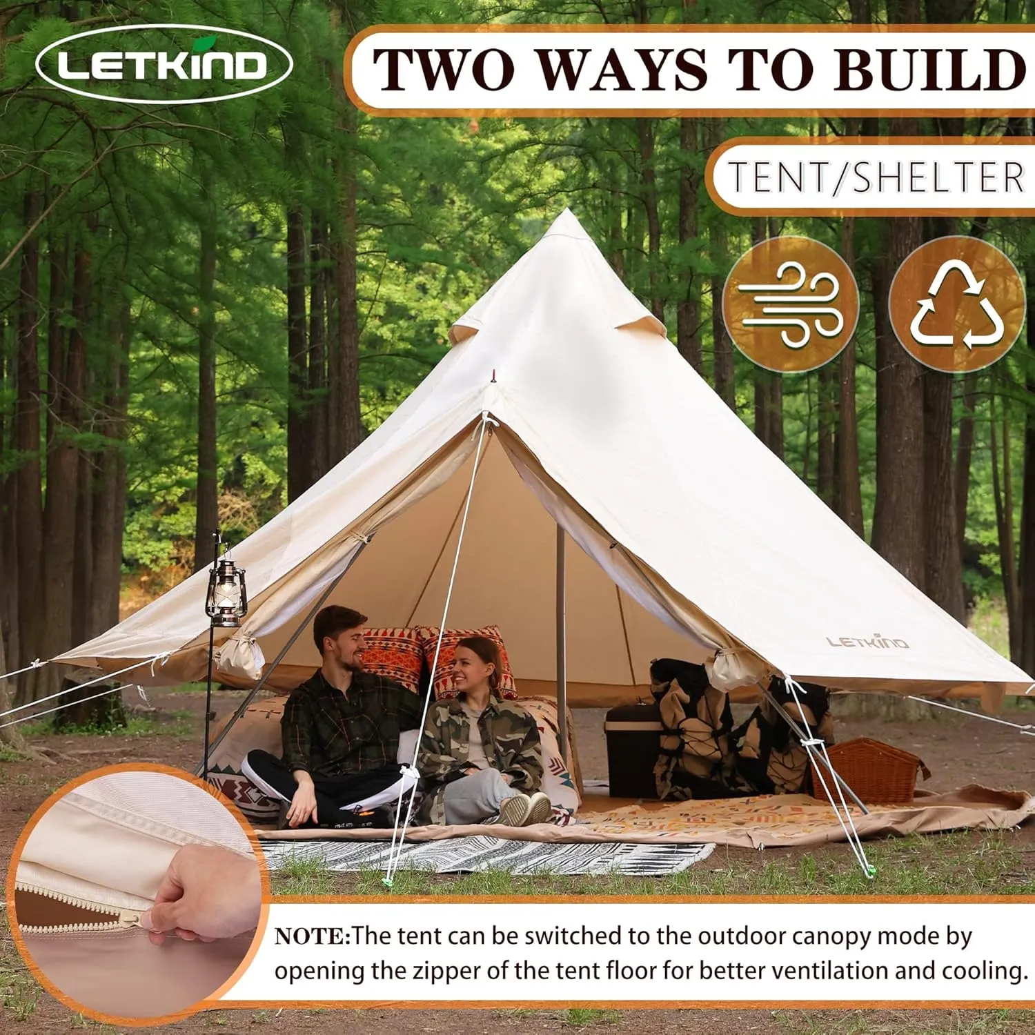 Canvas Tent Bell Tent Yurt with Stove Jack Zipped Removable Floor for Outdoor Glamping Truck Car Camping